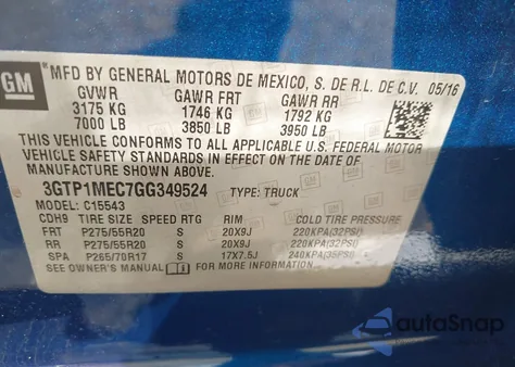 2016 GMC Sierra Sle from USA, damaged, VIN 3GTP1MEC7GG349524